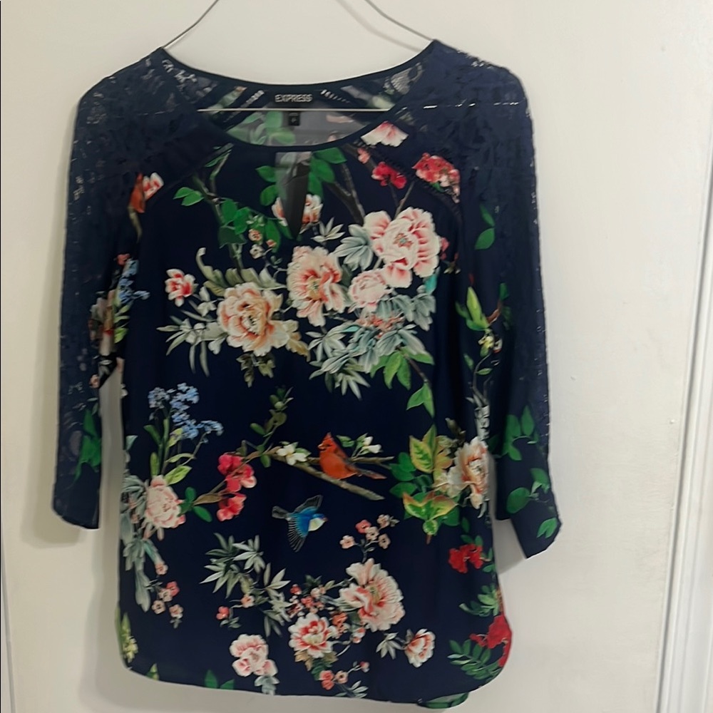 Express Women's Floral Navy Top